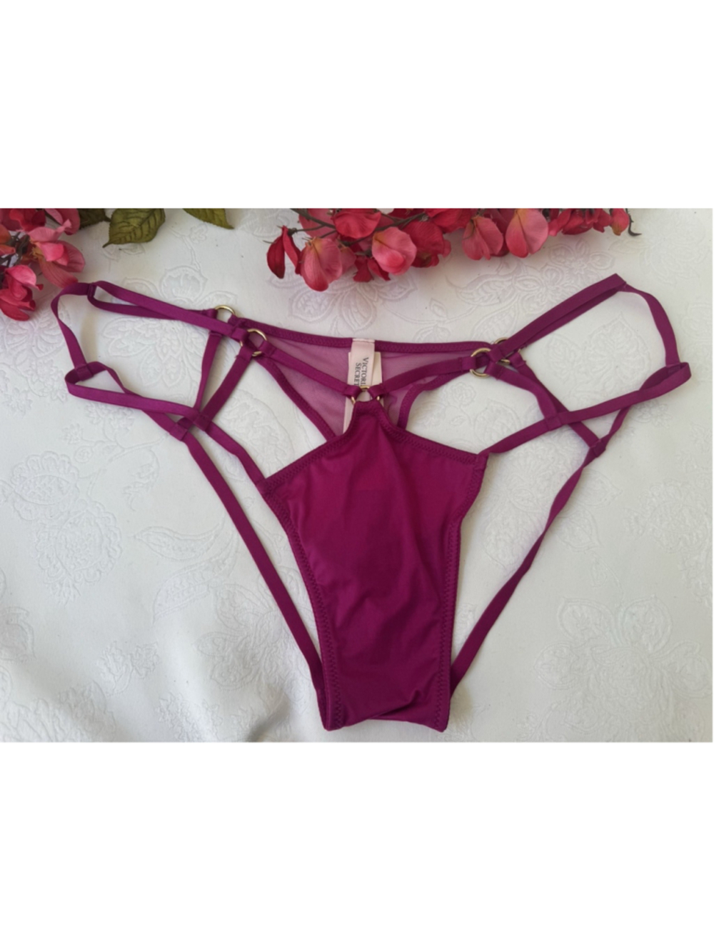 VICTORIA'S SECRET L PINK PURPLE CUT OUT SILKY STRAPPY CHEEKY CHARM PANTIES NWT
